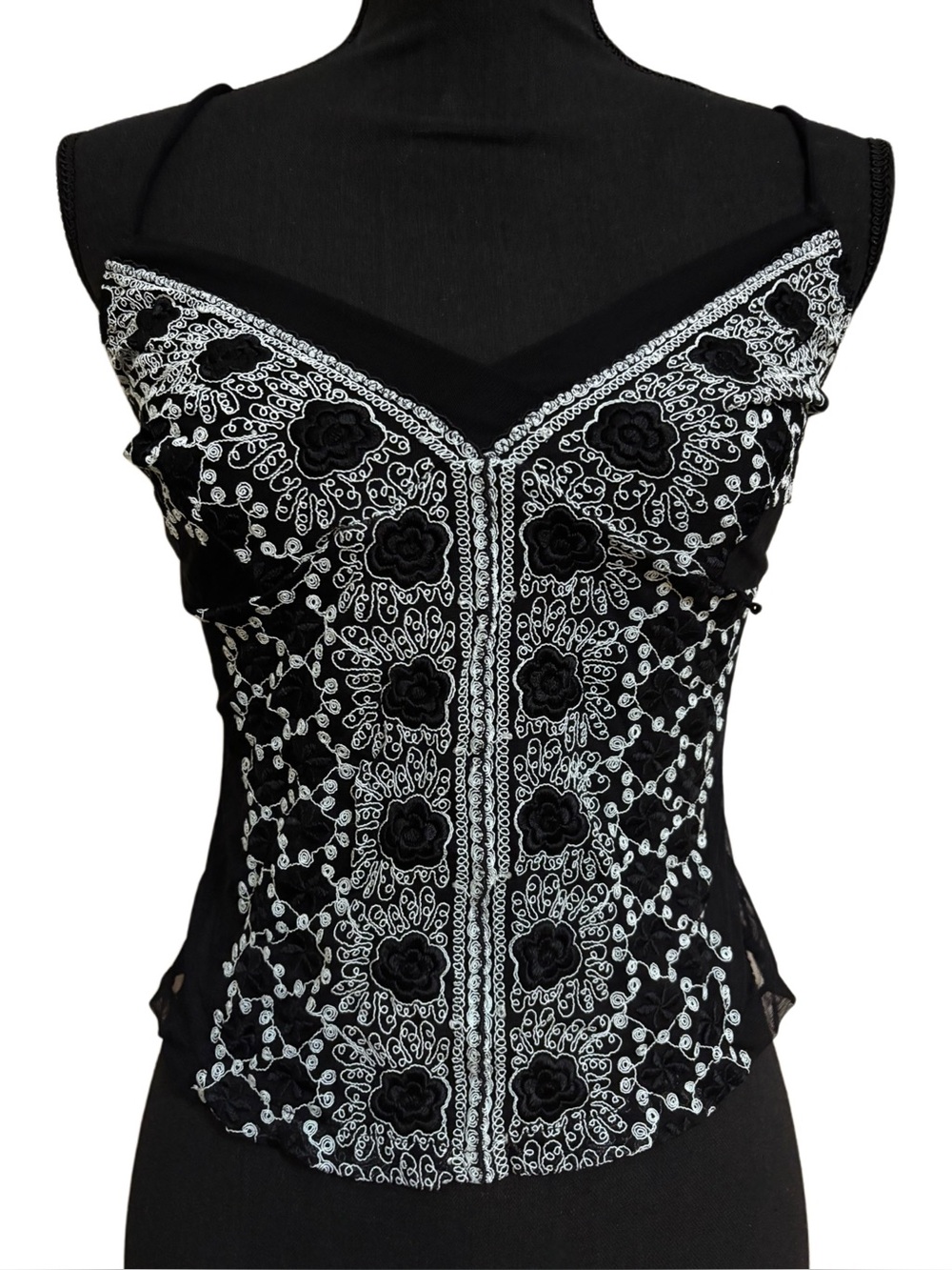 Black & White Mesh Embroidered Floral Boho Fairy Coquette Cami Tank Top - Medium